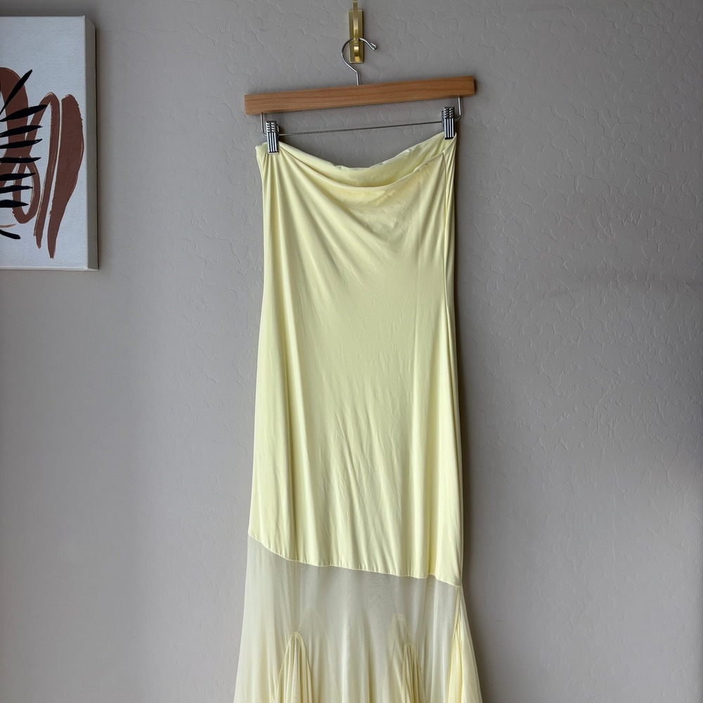 Deme By Gabriella‎ Dahlia Butter Yellow Strapless Mesh Ruffle Maxi Dress Size M - Picture 7 of 10